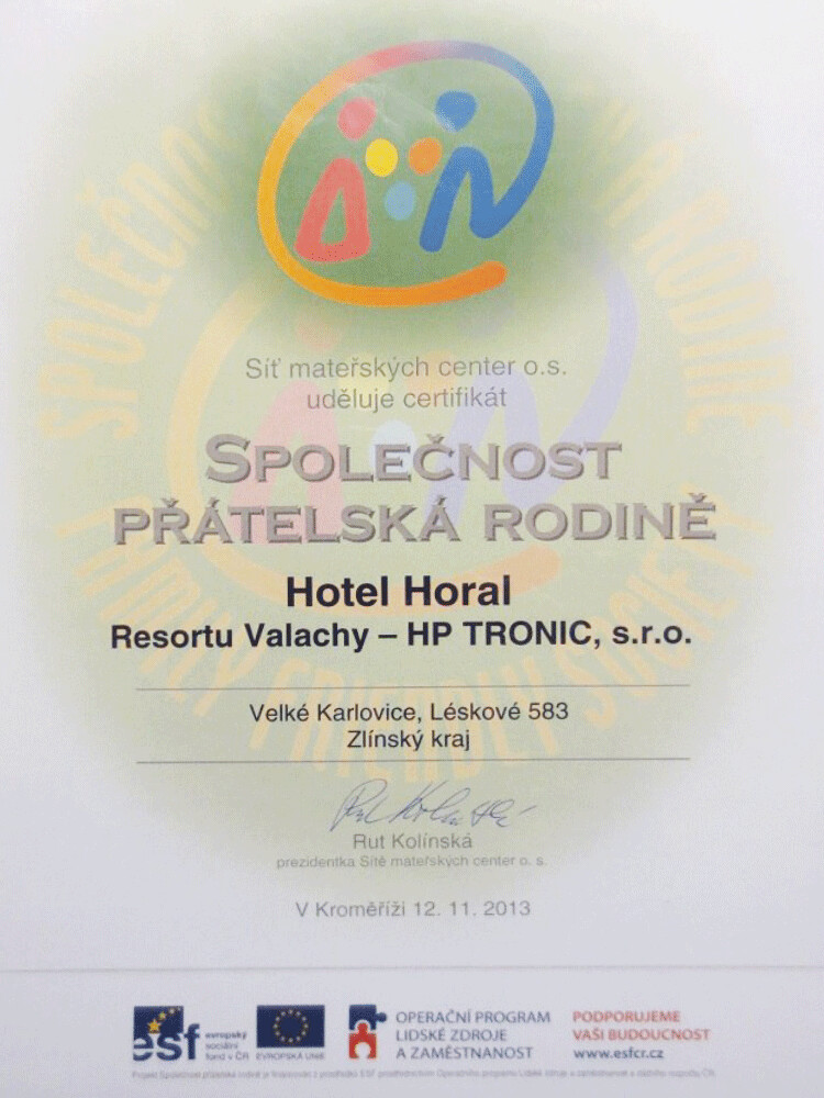 Hotel Horal obdržel certifikát Family Friendly – Společnost přátelská rodině